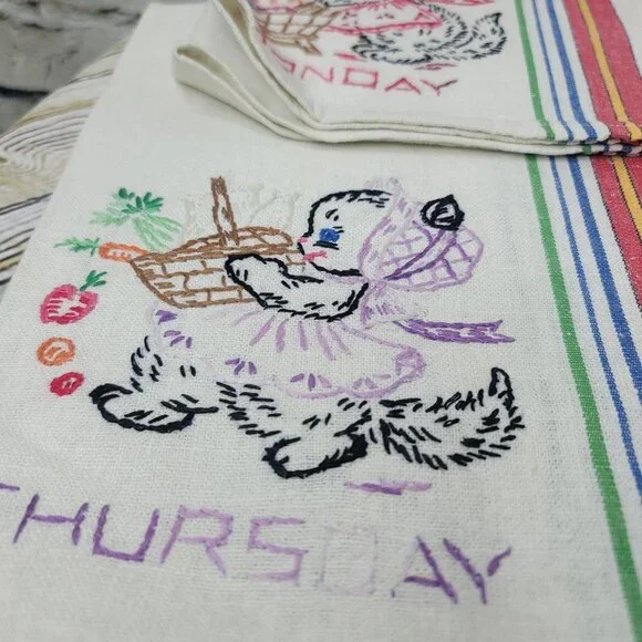 6 Days Of The Week Vtg Cat Kitchen Tea Dish Towels Hand Embroidered Needlepoint